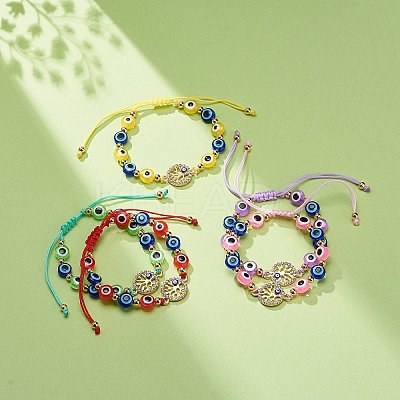 Evil Eye Resin Bead & Flat Round with Tree of Life Alloy Rhinestone Braided Beaded Bracelets for Girl Women BJEW-JB08740-04-1