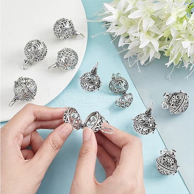 10Pcs 5 Styles Round Brass Hollow Cage Pendants KK-SC0003-07-1