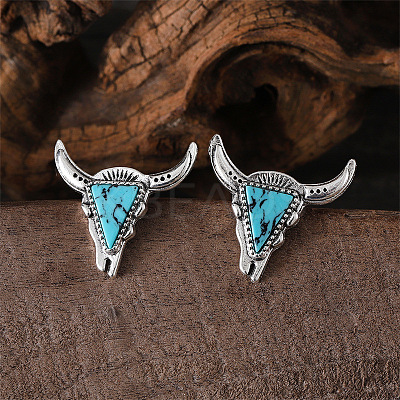 Western Cowboy Style Synthetic Turquoise Cattle Head Pendant Necklaces & Stud Earrings Sets for Women FS-WG063A3-03-1