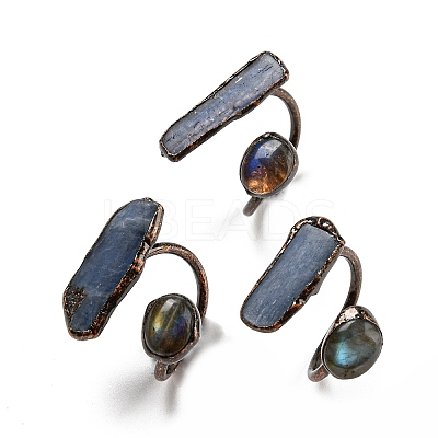 Natural Kyanite/Cyanite/Disthene Oval & Labradorite Nugget Open Cuff Rings RJEW-M157-01R-1