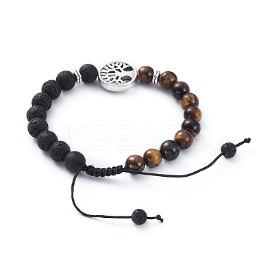 Natural Lava Rock & Tiger Eye Beads Adjustable Braided Bracelets BJEW-JB04987-04-1