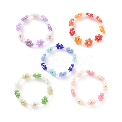 Glass Beaded Flower Wrap Stretch Finger Ring for Women RJEW-MZ00002-1