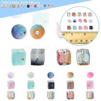 450Pcs 3 Styles Frosted Glass Beads with Golden Glitter Powder DGLA-FS0001-13-1