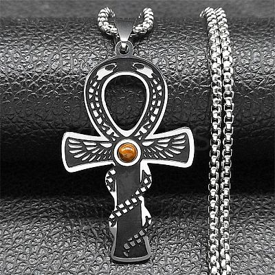 201 Stainless Steel Pave Natural Tiger Eye Ankh Cross Pendant Box Chain Necklaces STAS-D196-04P-1