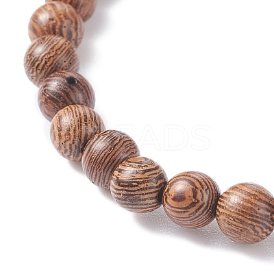 Natural Wenge Wood Round Beaded Stretch Bracelet with Synthetic Hematite for Men Women BJEW-JB07549-03-1