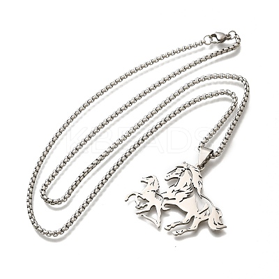 201 Stainless Steel Laser Cut Double Horse Pendant Box Chain Necklaces for Women Men NJEW-E156-03P-1