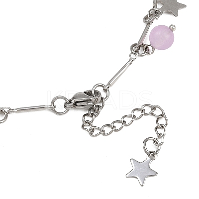 201 Stainless Steel Moon Star & Natural Dyed Malaysia Jade Round Charm Brass Bar Link Chain Anklets AJEW-AN00732-01-1