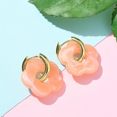 Brass Resin Flower Hoop Earrings for Women EJEW-U038-01G-1