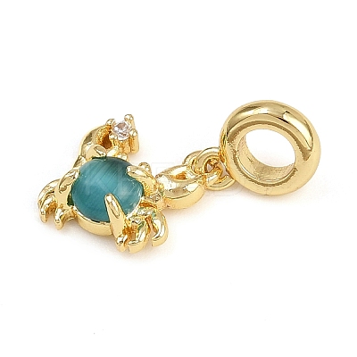 Brass Pave Clear Cubic Zirconia and Deep Sky Blue Cat Eye European Dangle Charms KK-C114-13G-1