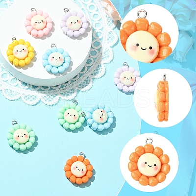 10Pcs Sunflower Opaque Resin Pendants RESI-YW0005-09-1