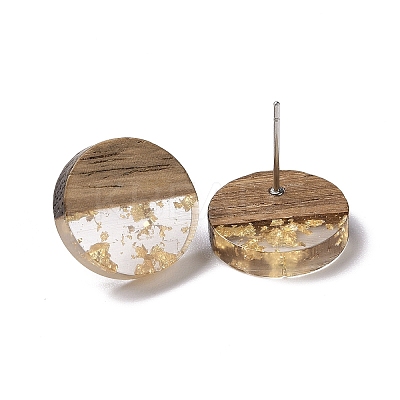Resin & Walnut Wood Flat Round Stud Earrings with 304 Stainless Steel Pin for Women EJEW-N017-010B-02-1