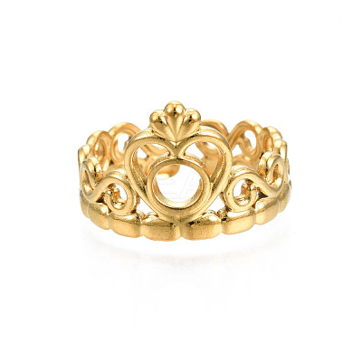 Ion Plating(IP) 304 Stainless Steel Heart Crown Open Cuff Ring for Women RJEW-S405-259G-1