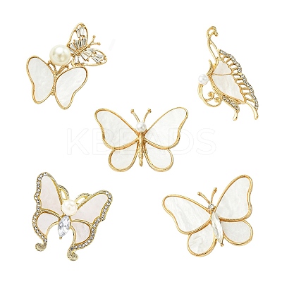 5Pcs 5 Styles Butterfly Alloy Rhinestone Brooches JEWB-CJ0001-33-1