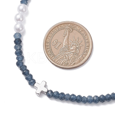Dyed Natural Malaysia Jade Faceted Rondelle & Round Imitation Pearl & Brass Cross Beaded Necklaces NJEW-JN05835-1