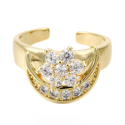 Cubic Zirconia Moon with Flower Open Cuff Ring RJEW-N037-039F-1