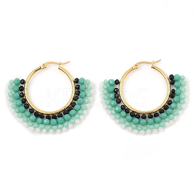 304 Stainless Steel & Bohemian Beaded Fan Hoop Earrings for Women EJEW-R001-01G-03-1