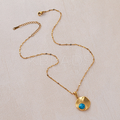 Vintage Style 304 Stainless Steel and Synthetic Turquoise Textured Disc Pendant Necklaces for Women JC9668-1