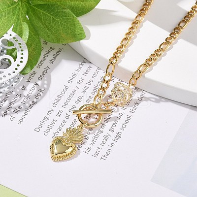 Heart & Rose Brass Pendant Necklace 304 Stainless Steel Chains for Women NJEW-JN04088-1