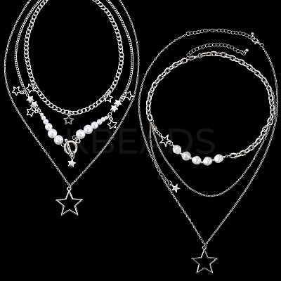 2 Sets 2 Styles Zinc Alloy Star Pendant Layered Necklaces for Women NJEW-SC0001-52-1