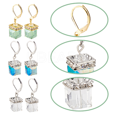 3 Pairs 3 Colors Bling Glass Cube Dangle Leverback Earrings EJEW-AN0002-81-1