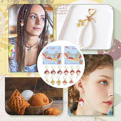 Autumn Theme Alloy Enamel Mushroom Elf Charm Locking Stitch Markers HJEW-PH01710-1