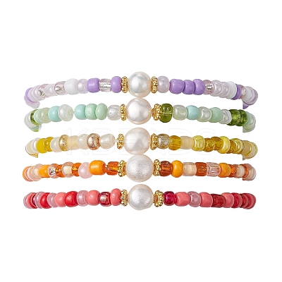 Grass Seed & Natural Pearl Beaded Stretch Bracelets for Women BJEW-JB09705-1