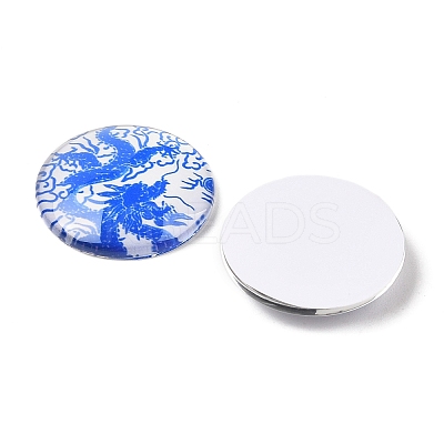Blue and White Floral Printed Glass Cabochons GGLA-A002-30mm-XX-1