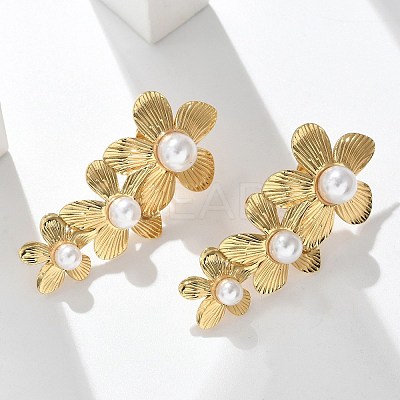 304 Stainless Steel & ABS Plastic Imitation Pearl 3 Flowers Stud Earrings EJEW-S253-21G-1