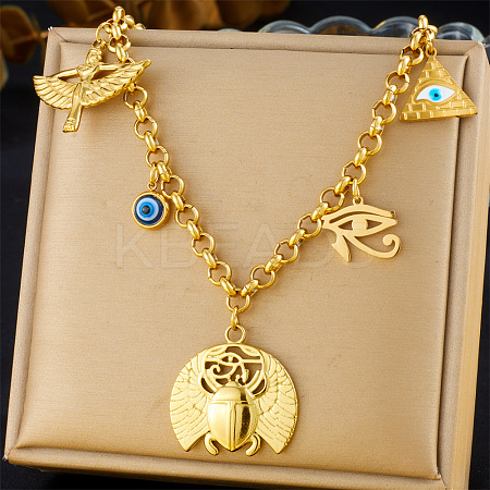 304 Stainless Steel & & Glass Eye of Horus Beetle Pendant Bib Necklaces for Women FS-WG17725-07-1
