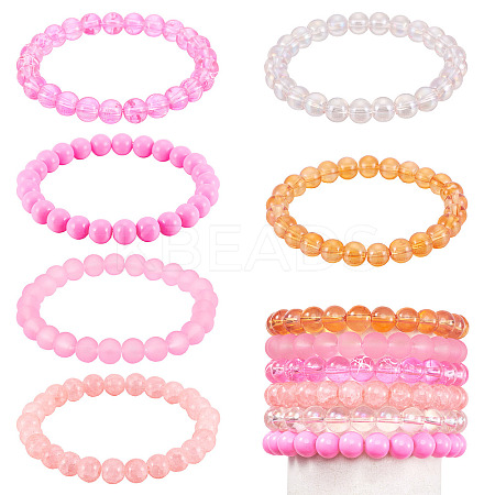 6Pcs 6 Styles 8mm Glass Round Beaded Stretch Bracelet Sets BJEW-TAC0023-1