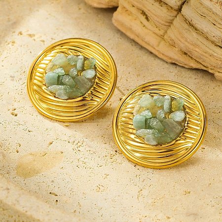 304 Stainless Steel Natural Green Aventurine Stud Earrings EJEW-R012-02G-04-1