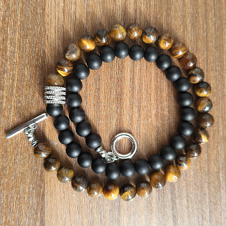 6mm Natural Obsidian & Tiger Eye Round Beaded OT Necklaces for Men Women LS-DT8400-1-1