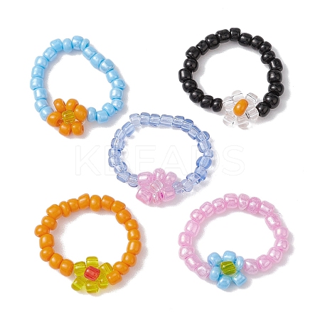 5Pcs 5 Colors Flower Glass Beads Stretch Rings for Women RJEW-JR00744-1