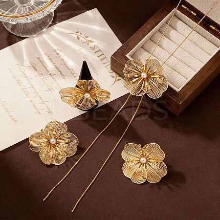 Flower Alloy Plastic Pearl Stud Earrings & Pendant Lariat Necklaces & Rings Sets for Women WG42618-01-1
