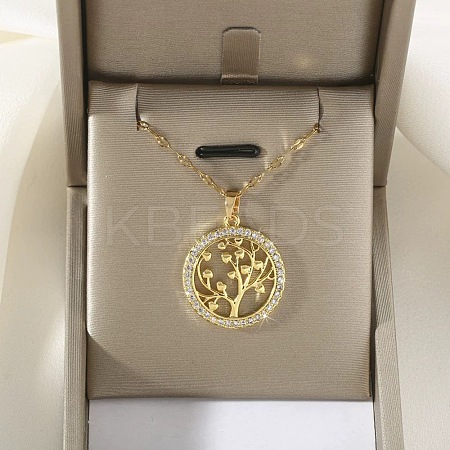 Brass Micro Pave Clear Cubic Zirconia Tree of Life Pendants LS-NJEW-H066-01G-G-1