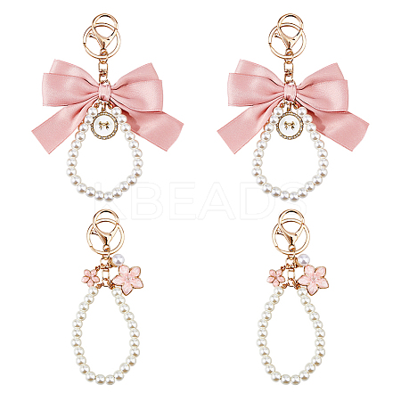 4Pcs 2 Styles Alloy Enamel Flower & Cloth Bowknot Pendant Keychains AJEW-HS0001-25A-1