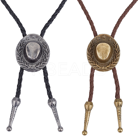 2Pcs 2 Colors Western Zinc Alloy Bolo Tie Cowboy Hat Lariat PU Leather Cord Necklaces NJEW-WR0001-03-1
