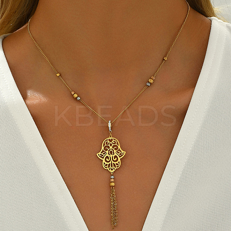 Bohemian Vintage Stainless Steel Crystal Rhinestone Geometric Hollow Flower Tassel Necklaces for Women AK3514-1