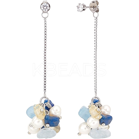 1 Pairs Natural Mixed Gemstone Chips & Pearl & Cubic Zirconia Cluster Dangle Stud Earrings EJEW-UN0002-26-1