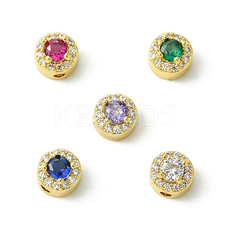 10Pcs 5 Colors Rack Plating Brass Micro Pave Cubic Zirconia Flat Round Beads KK-CJ0002-70-1