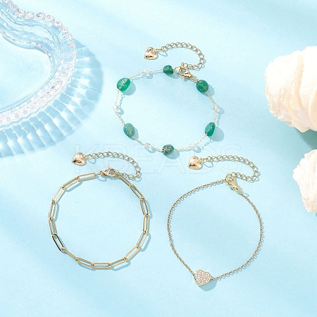 304 Stainless Steel Heart & Dyed Natural Green Agate Nuggets Link Chain 3 Layer Stackable Necklaces BJEW-JB12459-01-1