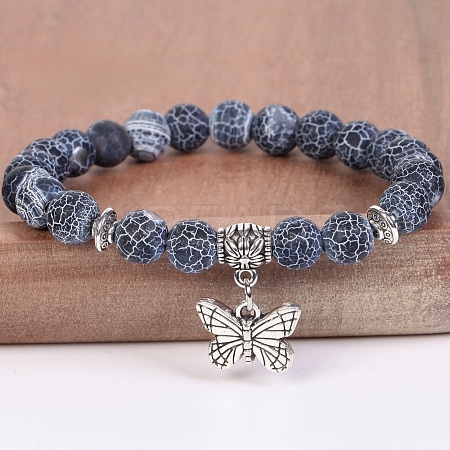 8MM Round Natural Weathered Agate(Dyed & Heated) Beaded Stretch Bracelets with Alloy Butterfly Charms FQ7211-23-1