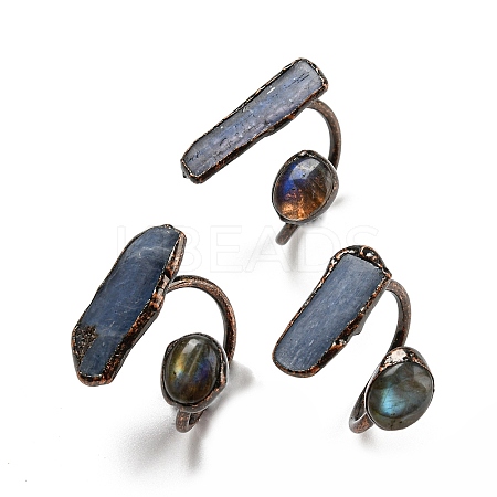 Natural Kyanite/Cyanite/Disthene Oval & Labradorite Nugget Open Cuff Rings RJEW-M157-01R-1