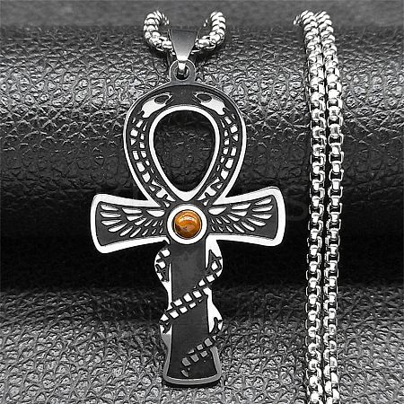 201 Stainless Steel Pave Natural Tiger Eye Ankh Cross Pendant Box Chain Necklaces STAS-D196-04P-1