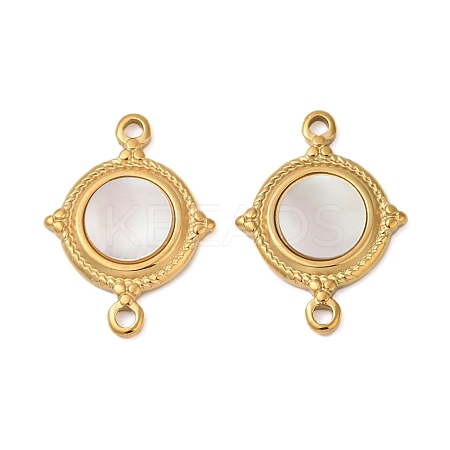 304 Stainless Steel Natural White Shell Flat Round Connector Charms STAS-L288-14G-02-1