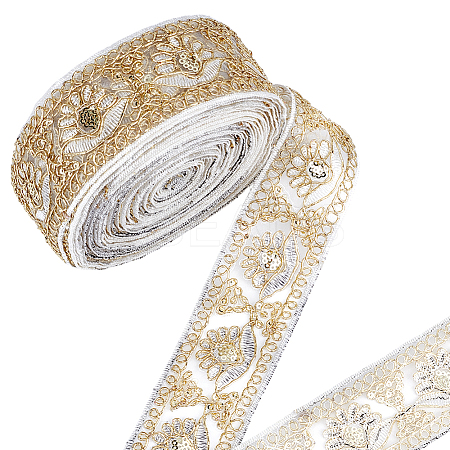 10 Yards Organza Embroidery Flower Ribbons with Paillettes SRIB-WH0011-202B-1