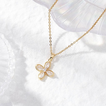 Flower Brass Pave Clear Cubic Zirconia Pendant Necklaces NJEW-JN05286-1