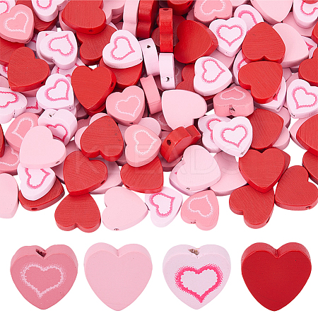 200Pcs 4 Colors Printed Valentine's Day Wood Beads WOOD-SC0001-96-1
