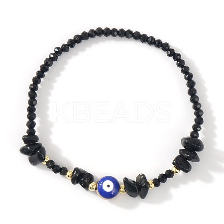 Natural Obsidian Chip & Brass Evil Eye & Glass Beaded Stretch Bracelets for Daily Wear PI9480-9-1