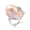 Natural Pearl Nugget with Cubic Zirconia Leaf Open Cuff Ring RJEW-P033-02P-03A-2